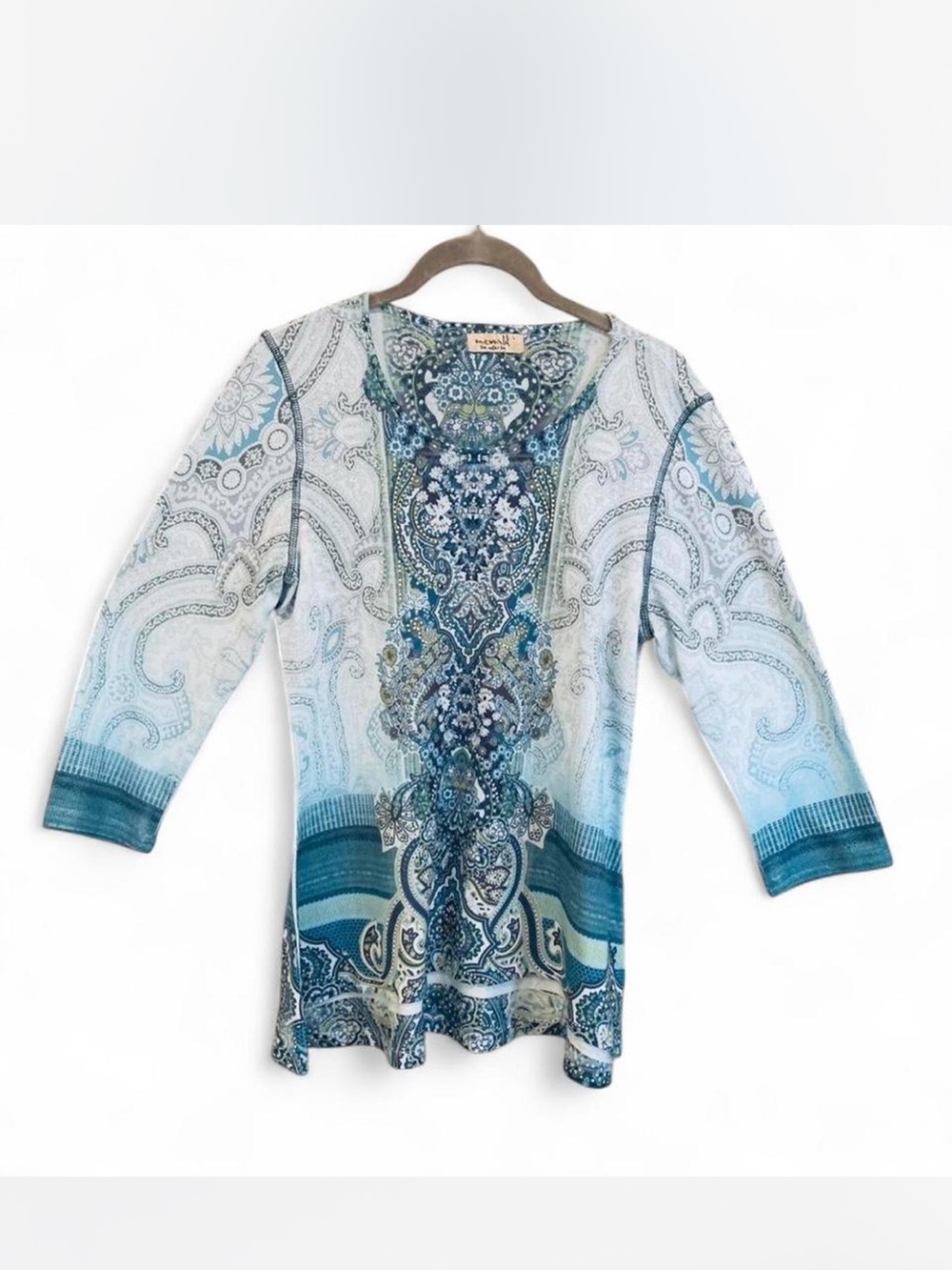 Boho Hippie Fairy ONE WORLD Blue, gray and white  Paisley-Print V-Neck Tunic L
